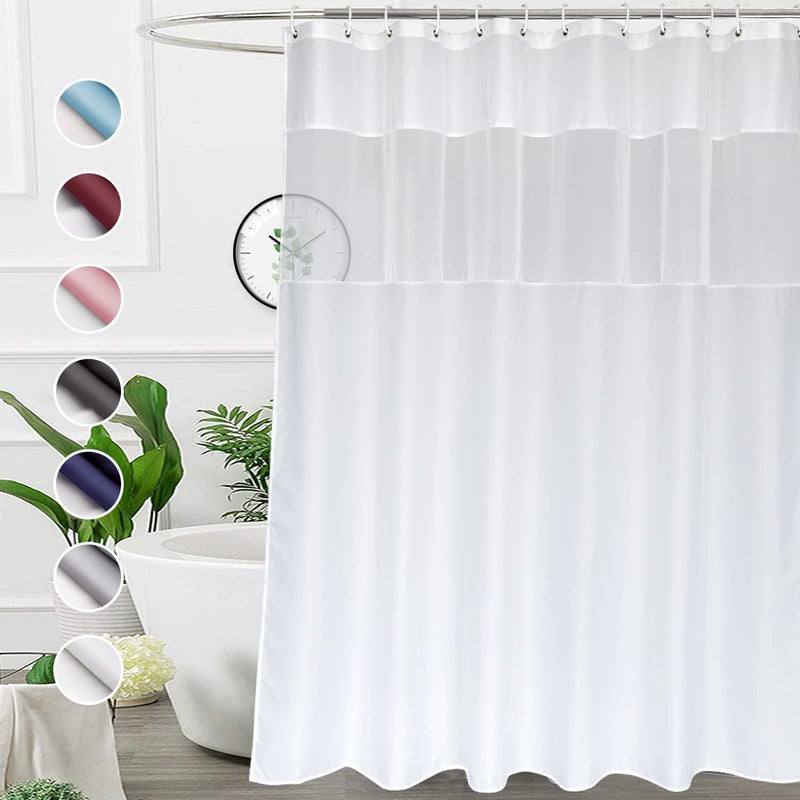 UFRIDAY Long White Shower Curtains 72 x 75 inches, Modern Water Repellent Cloth Polyester Fabric Shower Curtains for Bathroom with See Through Top Window - Image 1